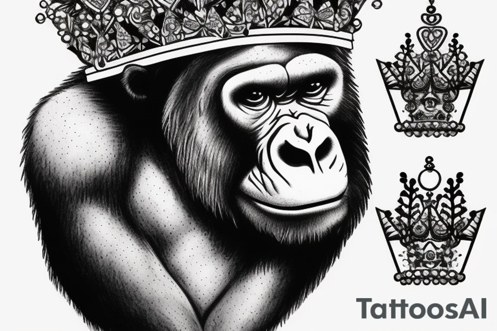 A big, mean silverback gorilla wearing a crown. tattoo idea