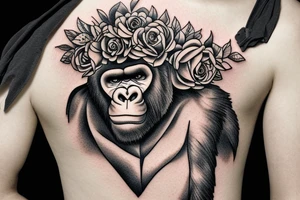 A big, mean silverback gorilla wearing a crown of roses. tattoo idea