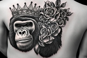 A big, mean silverback gorilla wearing a crown of roses. tattoo idea