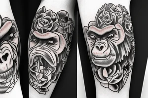 A big, mean silverback gorilla wearing a crown of roses. tattoo idea