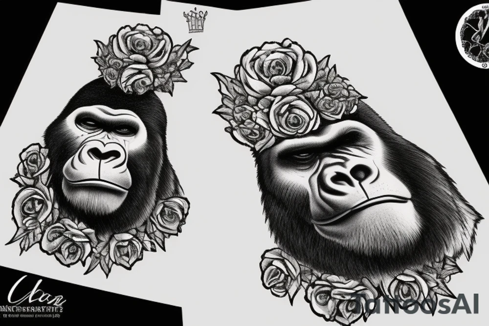 A big, mean silverback gorilla wearing a crown of roses. tattoo idea