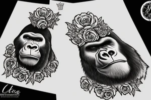 A big, mean silverback gorilla wearing a crown of roses. tattoo idea