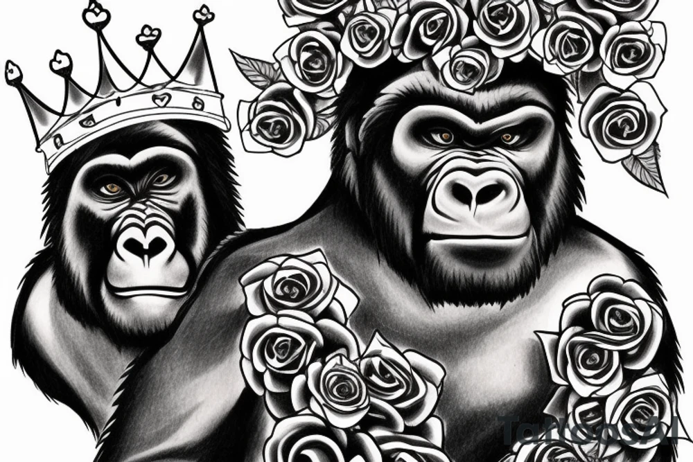 Big bad gorilla with a crown on his head, roses and a heart. tattoo idea