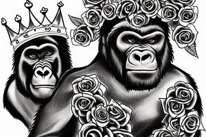 Big bad gorilla with a crown on his head, roses and a heart. tattoo idea