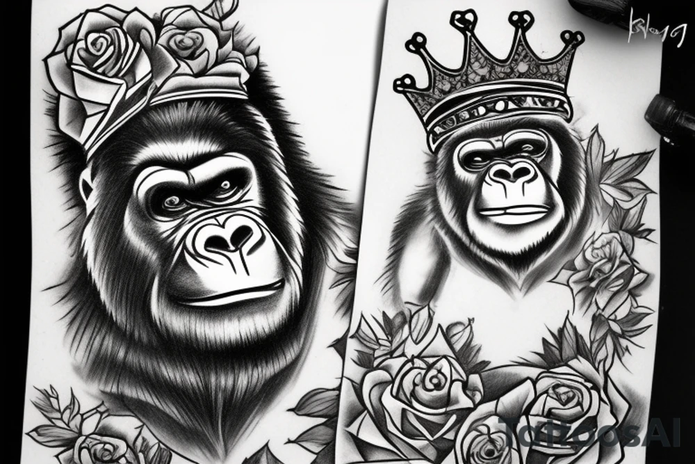 Big bad gorilla with a crown on his head, roses and a heart. tattoo idea
