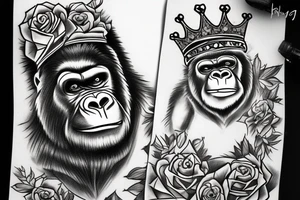 Big bad gorilla with a crown on his head, roses and a heart. tattoo idea