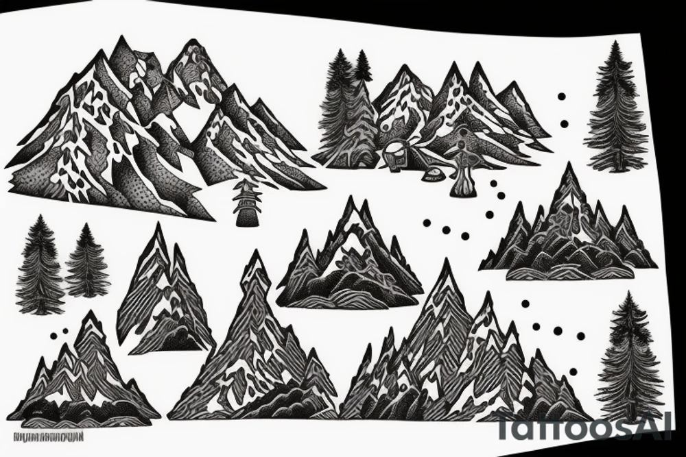 in the background are snowy mountains and a small temple in the mountains
black Christmas trees in the foreground tattoo idea