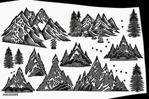in the background are snowy mountains and a small temple in the mountains
black Christmas trees in the foreground tattoo idea