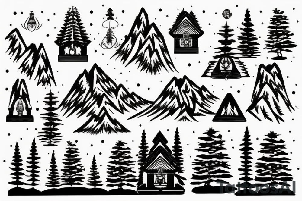 in the background are snowy mountains and a small temple in the mountains
black Christmas trees in the foreground tattoo idea