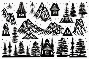 in the background are snowy mountains and a small temple in the mountains
black Christmas trees in the foreground tattoo idea