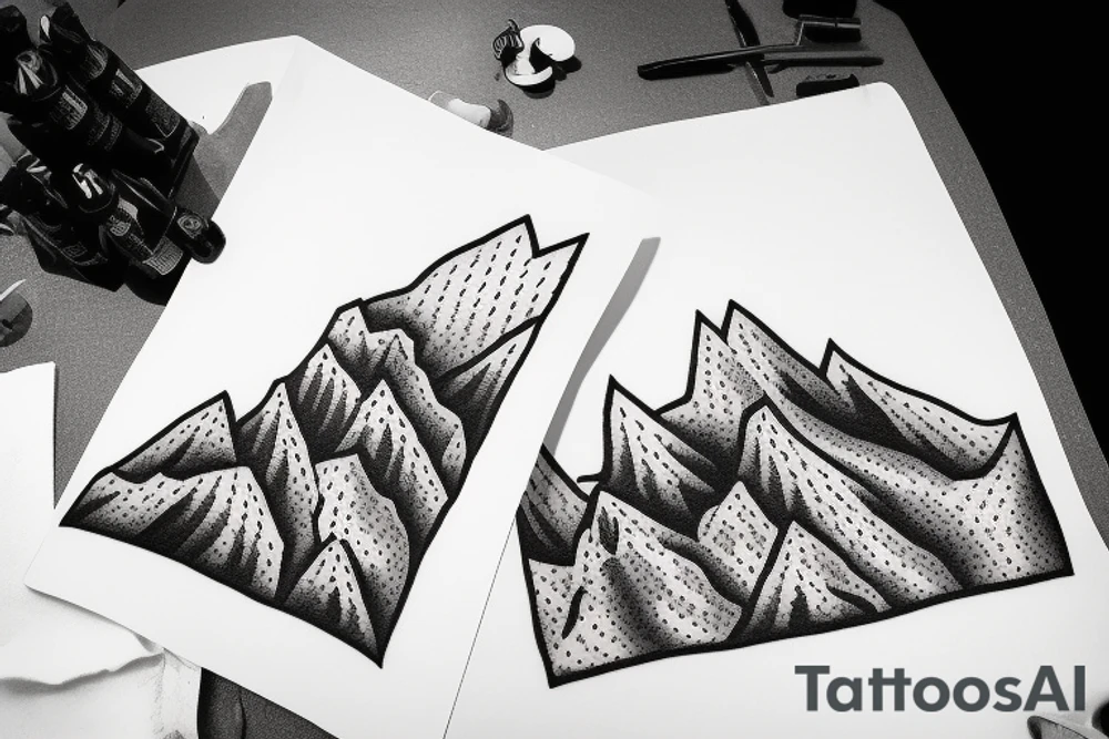 in the background are snowy mountains and a small temple in the mountains tattoo idea