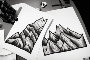 in the background are snowy mountains and a small temple in the mountains tattoo idea