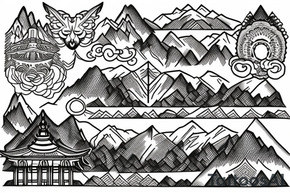 in the background are snowy mountains and a small temple in the mountains tattoo idea