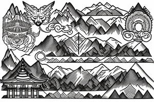 in the background are snowy mountains and a small temple in the mountains tattoo idea