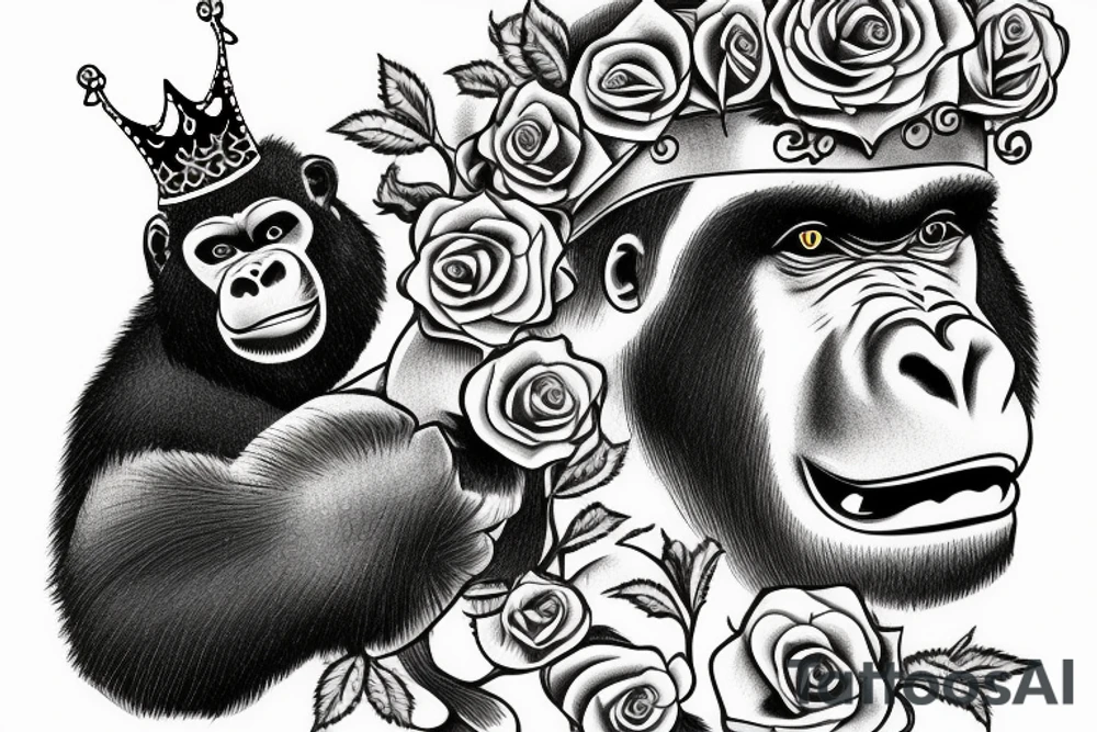 Gorilla with a crown on his head holding a rose. tattoo idea