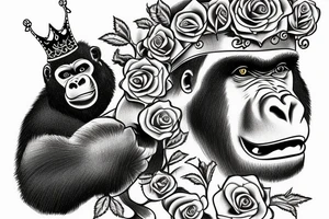 Gorilla with a crown on his head holding a rose. tattoo idea