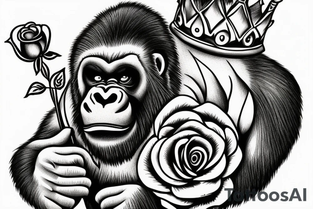 Gorilla with a crown on his head holding a rose. tattoo idea