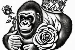 Gorilla with a crown on his head holding a rose. tattoo idea
