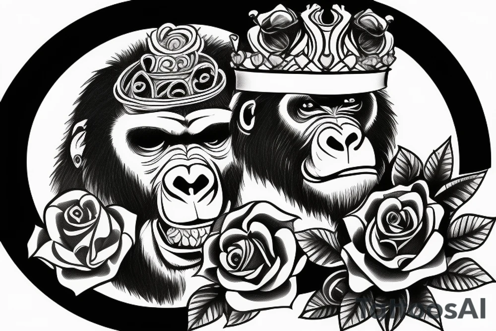 Gorilla with a crown on his head holding a rose. tattoo idea Gorilla with a crown on his head holding a rose. tattoo idea