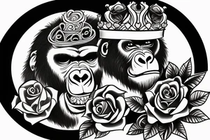 Gorilla with a crown on his head holding a rose. tattoo idea