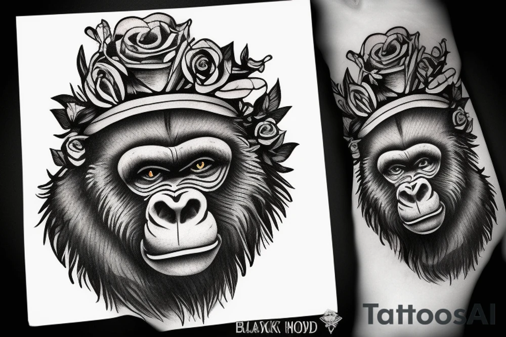 Gorilla with a crown on his head holding a rose. tattoo idea Gorilla with a crown on his head holding a rose. tattoo idea