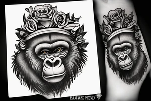 Gorilla with a crown on his head holding a rose. tattoo idea