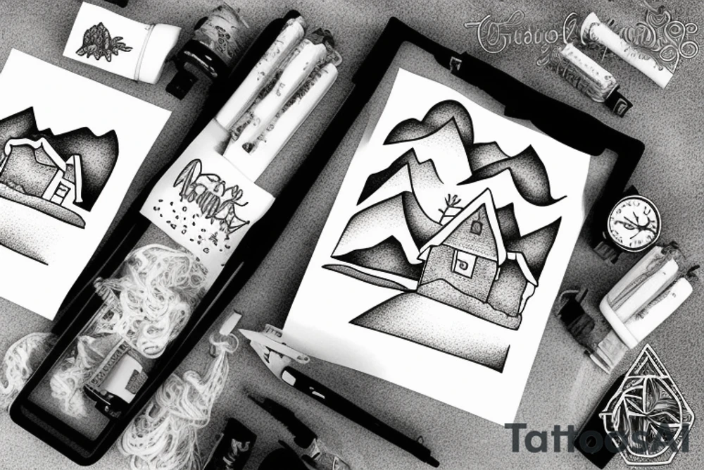 snowy mountains and a small house in the mountains tattoo idea