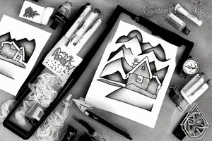 snowy mountains and a small house in the mountains tattoo idea