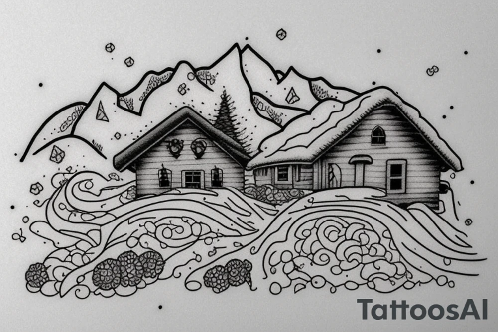 snowy mountains and a small house in the mountains tattoo idea