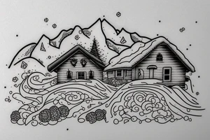 snowy mountains and a small house in the mountains tattoo idea