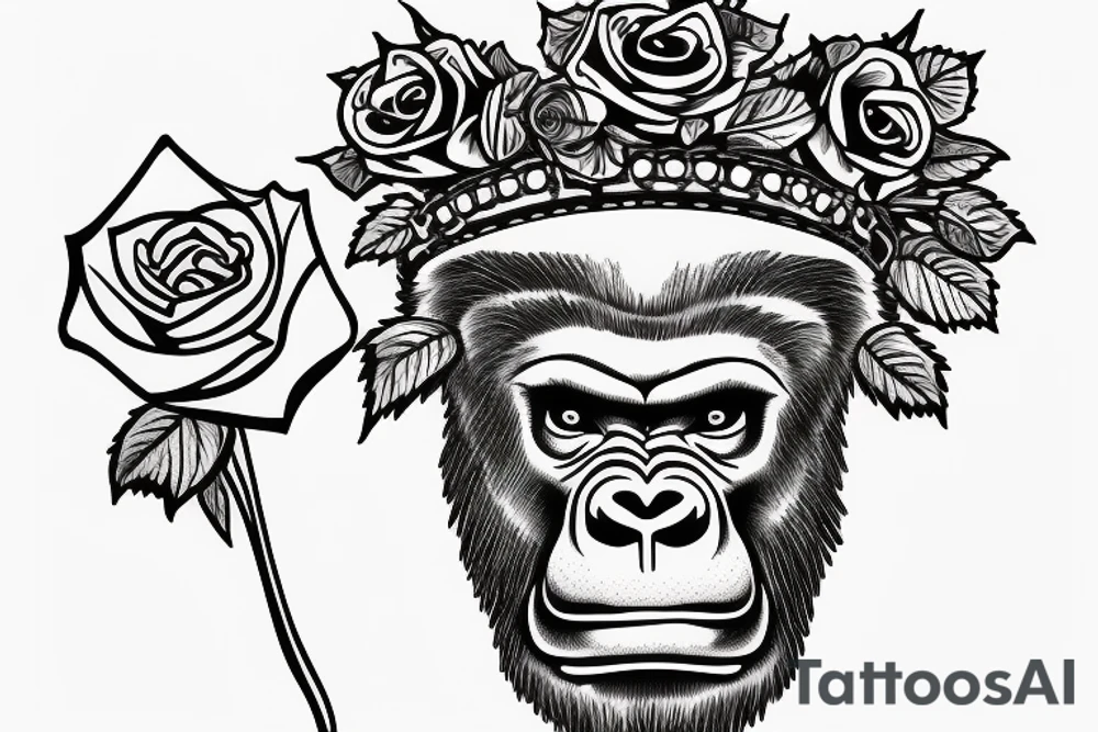 Gorilla with a crown on his head holding a rose. tattoo idea