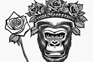 Gorilla with a crown on his head holding a rose. tattoo idea