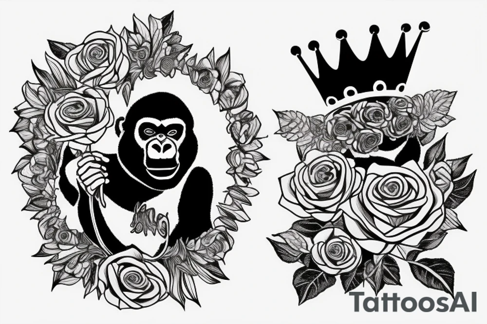 Gorilla with a crown on his head holding a rose. tattoo idea