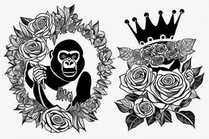 Gorilla with a crown on his head holding a rose. tattoo idea