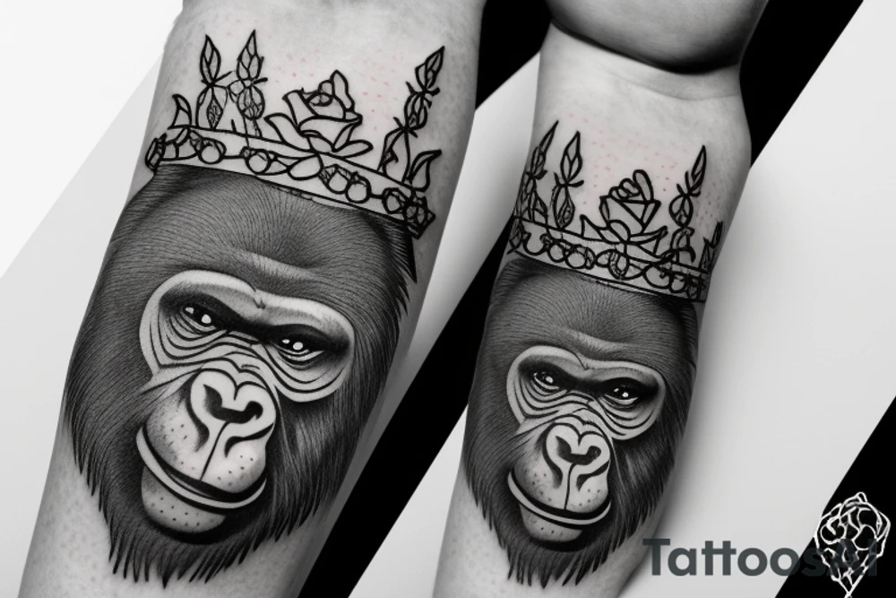 Gorilla with a crown on his head holding a rose. tattoo idea