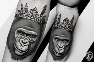 Gorilla with a crown on his head holding a rose. tattoo idea