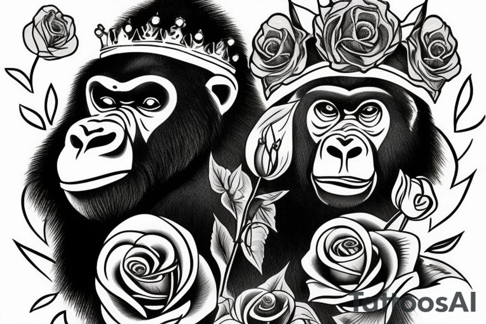 Gorilla with a crown on his head holding a rose. tattoo idea Gorilla with a crown on his head holding a rose. tattoo idea