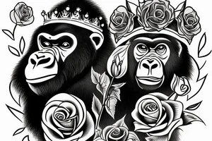 Gorilla with a crown on his head holding a rose. tattoo idea
