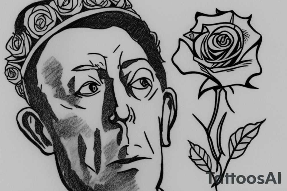 Albert Camus wearing a crown on his head and a rose on his lapel. tattoo idea