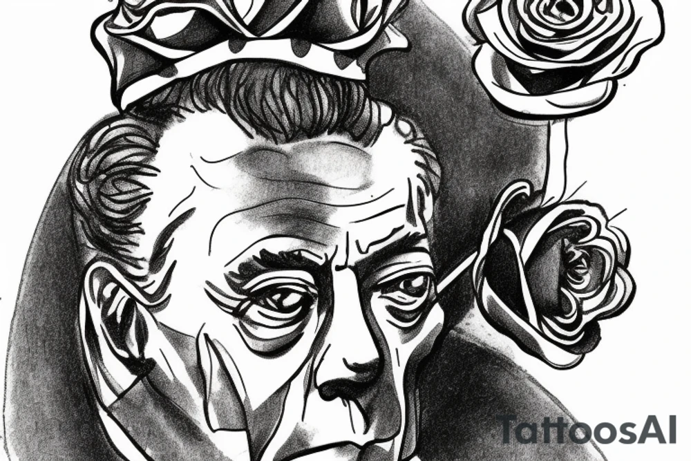 Albert Camus wearing a crown on his head and a rose on his lapel. tattoo idea
