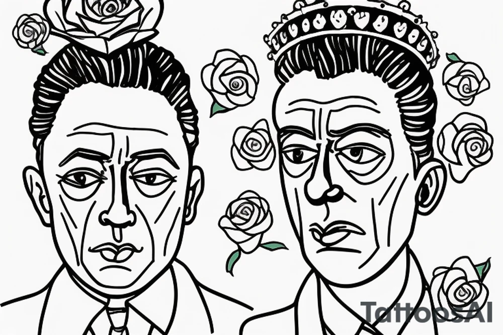 Albert Camus wearing a crown on his head and a rose on his lapel. tattoo idea