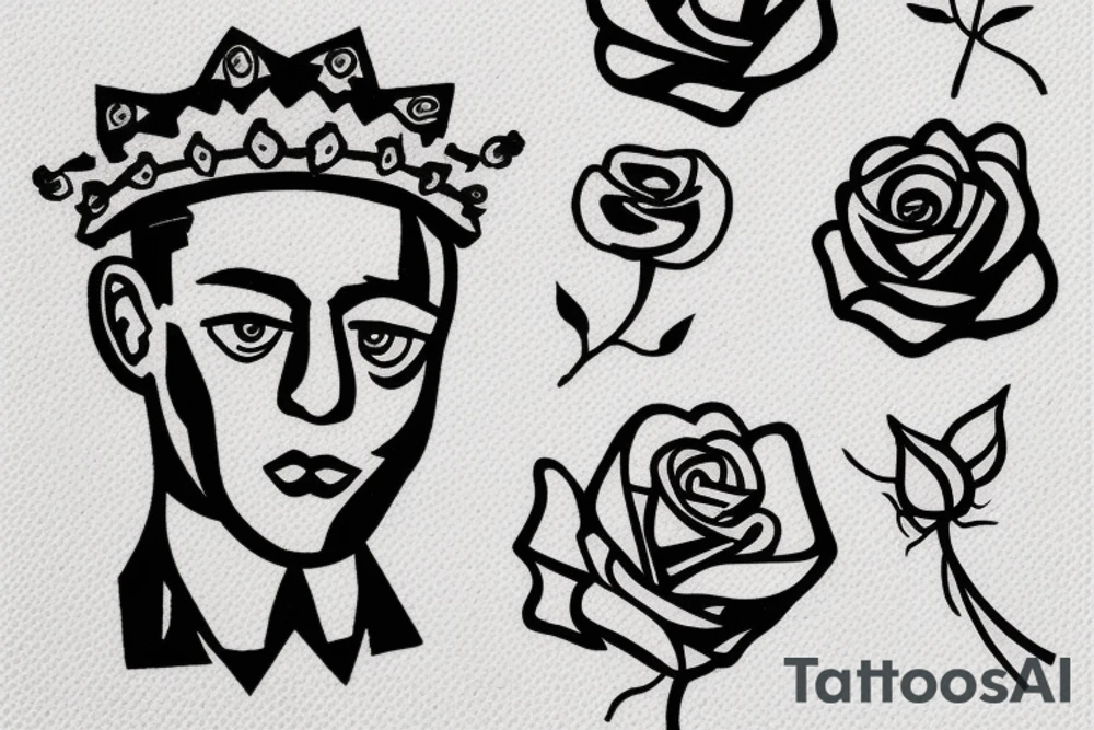 Albert Camus wearing a crown on his head and a rose on his lapel. tattoo idea