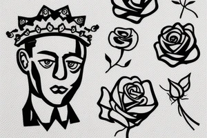 Albert Camus wearing a crown on his head and a rose on his lapel. tattoo idea