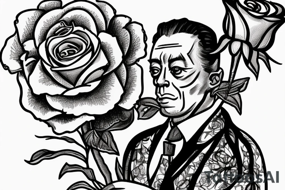 Albert Camus wearing a crown on his head and a rose on his lapel. tattoo idea