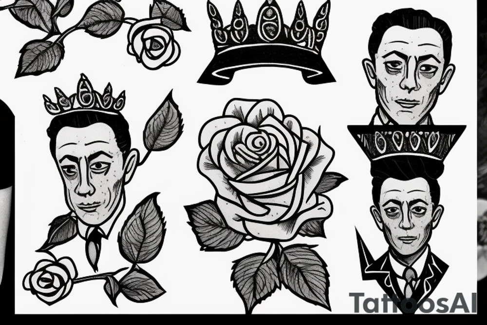 Albert Camus wearing a crown on his head and a rose on his lapel. tattoo idea