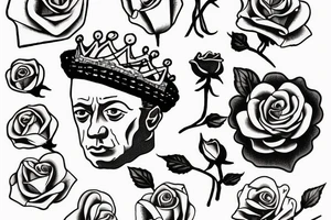 Albert Camus wearing a crown on his head and a rose on his lapel. tattoo idea