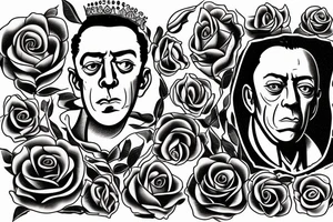 Albert Camus wearing a crown on his head and a rose on his lapel. tattoo idea