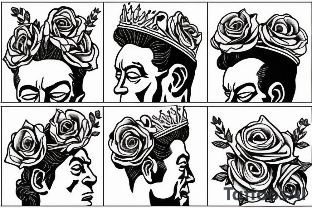 Albert Camus wearing a crown on his head and a rose on his lapel. tattoo idea