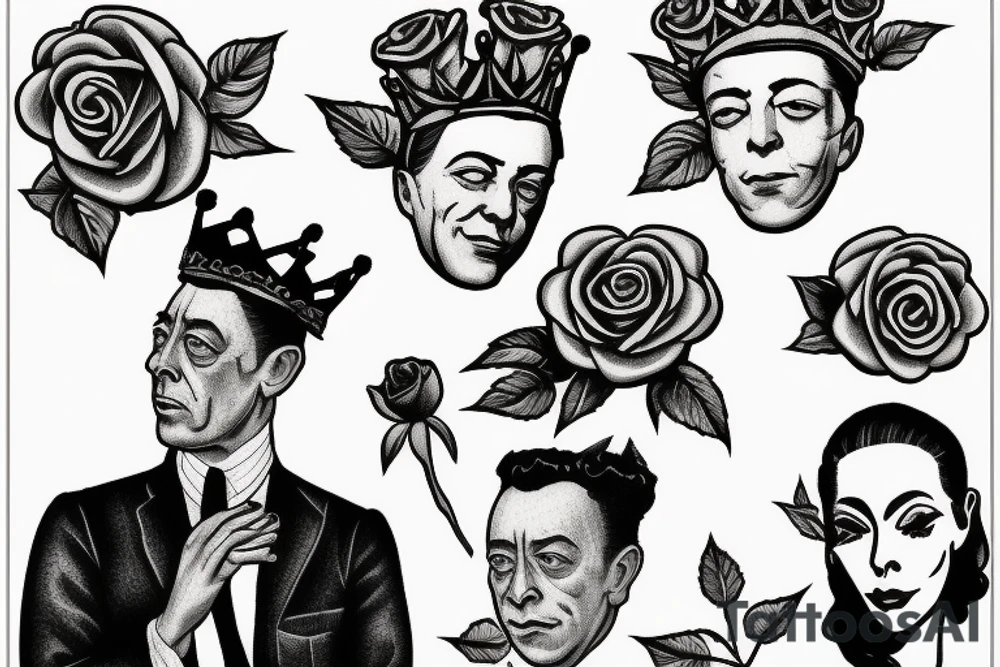 Albert Camus wearing a crown on his head and a rose on his lapel. tattoo idea