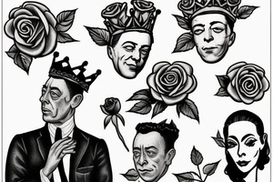 Albert Camus wearing a crown on his head and a rose on his lapel. tattoo idea